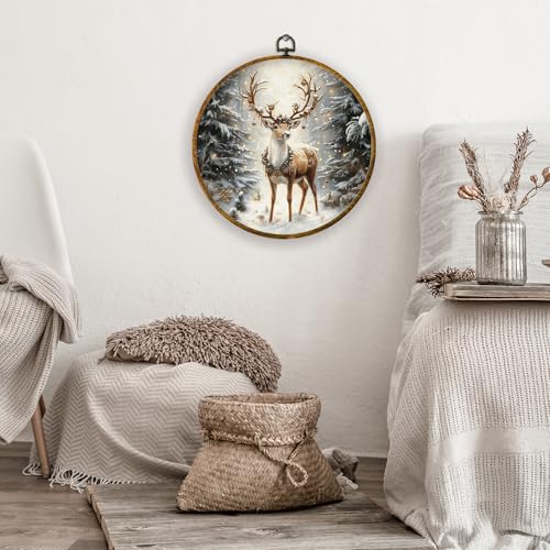 XPH Christmas Reindeer Round Wall Art Framed, Cottage Winter Forest Wildlife Deer Circle Wall Decor, Rustic Xmas Cozy Winter Hanging Canvas Prints for Home Bedroom Living Room Decoration, 10x10 Inch - color: Christmas 15