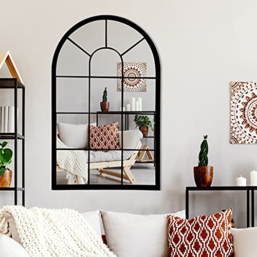 HQiJun Black Arched Window Mirror, Farmhouse Decorative Wall Mirrors for Living Room, Bedroom, Entryway, Bathroom Vanity, Fireplace Mantel, Window Pane Mirror Wall Decor (Black, 31.5 x 20 x1) - color: Black, size: 31.5"L x 20"W