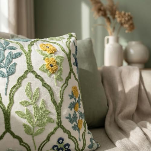 Blue Green Floral Embroidered Throw Pillow Covers 18x18 Set of 2 - color: Green Blue Yellow, size: 18" x 18" (Pack of 2)