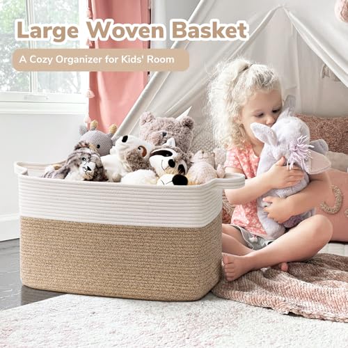 Goodpick Large Woven Rope Blanket Basket, Rectangle, White & Light Brown - color: White & Light Brown, size: Large(21.6"L x 14.9"W x 11.8"H)