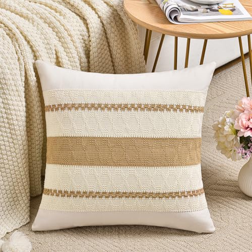 Fancy Homi Set of 2 Tan Neutral Decorative Throw Pillow Cover 14x14 Inch for Couch Bed Sofa, Aesthetic Modern Organic Farmhouse Boho Home Decor, Soft Cotton Cute Macrame Woven Taupe Cushion Case Gift - color: Tan, size: 14" x 14" (Pack of 2)