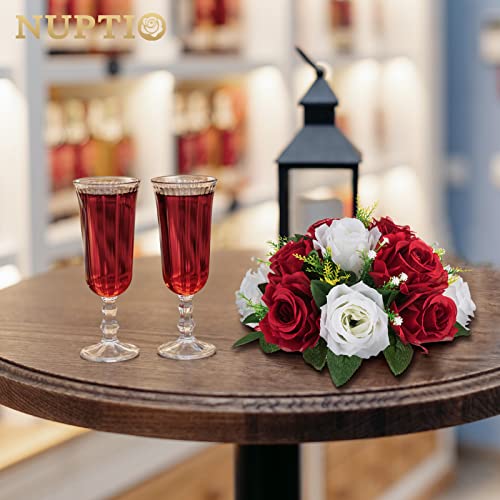 NUPTIO Artificial Flower Centrepieces for Wedding Tables, 2 Pcs Fake Roses - color: Crimson & White, size: 2 Pcs