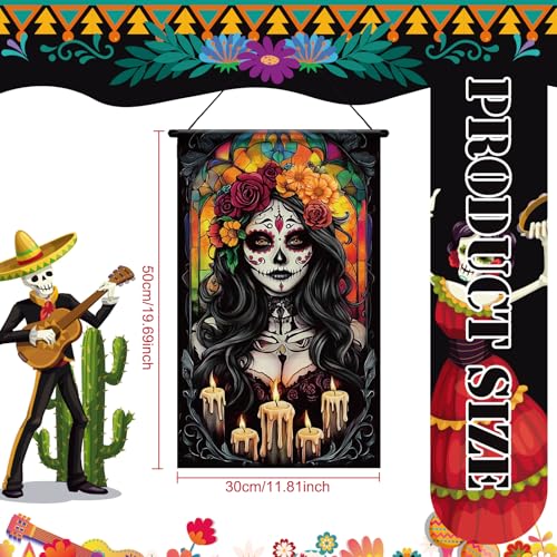 Tegeme 3 Pcs Day of the Dead Door Flag Dia De Los Muertos Front Door Decor - style: Day of the Dead