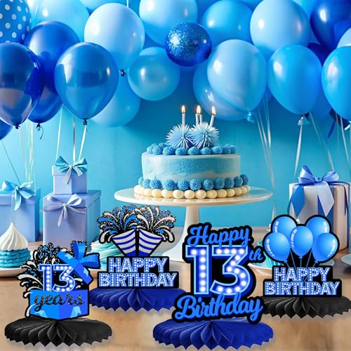 Happy 13th Birthday Honeycomb Centerpieces 9Pcs Stylish Sophisticated Blue Neon Theme Table Decor for Boys Girls Birthday Party Celebration Favors Decorations Photo Props Supplies - BECKTEN - color: 13