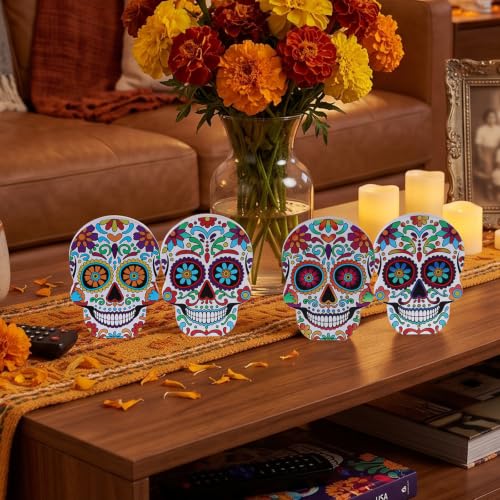 DECSPAS Day of the Dead Decor, 4 PCs Wood Block Sugar Skulls Dia De Los Muertos Decorations, Wooden Skeleton Tiered Tray Decor for Altar, Ofrenda, Home, Table, Mantle, Mexican Fiesta - style: Day of the Dead - Skulls