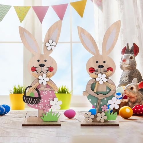 Easter Bunny Decor – 2Pcs Farmhouse Wooden Easter Decorations for Home, Rustic Spring Signs Table Centerpiece, Cute Natural Wood Rabbit Figure for Mantle Shelf Tiered Tray Indoor Decor - color: Fh3013