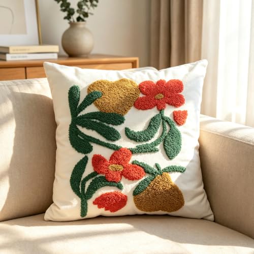 Boho Art Red Spring Floral Embroidered Throw Pillow Cover 18"x18" Set of 2 - color: Artflower Red
