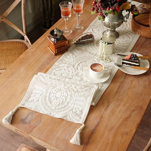 Extra Long Table Runner Embroidered Dresser Scarf, Beige 14"x112" - color: Beige, size: 14 x 112 Inches