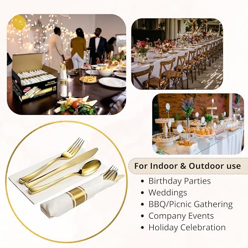 Neatiffy 50 Pack Gold Plastic Silverware Set, Pre Rolled Napkin and Cutlery Set with 50 Forks, 50 Knives, 50 Spoons, 50 Napkins, Utensils, Silverware for Parties, Weddings and Birthdays - color: Gold Napkin Cutlery