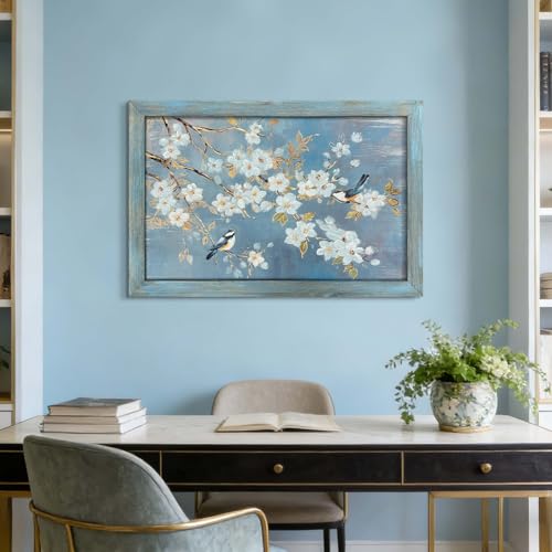 TAR TAR STUDIO Gilded Birds on White Blossom Branches Wall Art, 36" Lx24 W - color: Birds on White Blossom, size: 36"L x 24"W