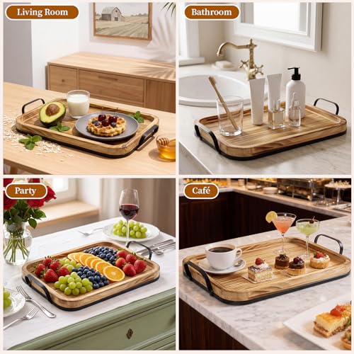 17In Wood Serving Tray with Metal Handles, Rectangular Ottoman Tray - size: 17.3" x 11.3" x 2.5"