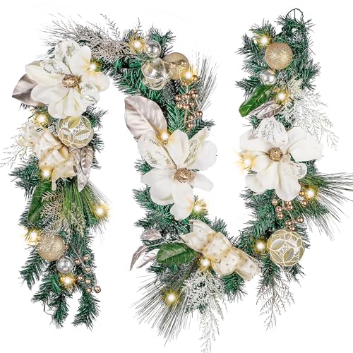 Valery Madelyn 6 Feet Christmas Garland with Lights White Gold Magnolia - color: White Gold, size: 6 feet