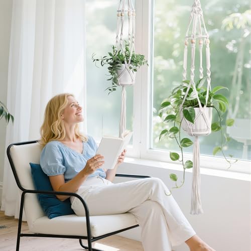 2 Pack Macrame Plant Hanger with Grow Light for Indoor Plants - color: Plant Hanger Ivory(daylight)