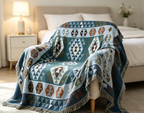 Luxlovery Blue Bohemian Sofa Throw Blankets Ethnic Woven Boho Geometric Blue and Khaki Throw Blanket for Couch Aztec Bed Throws Oversized Chair Sofa Cover with Tassels(63"x86") - color: Blue Turkey, size: 63"x86",160x220cm