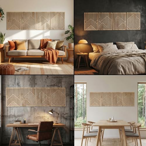 Wesiti 4 Pcs Wooden Mountain Wall Art Decor Large Abstract Wall Art for Living Room Modern Wood Panel Line Sculptures Nature Rustic Forest Hanging Decor for Office Bedroom Bathroom 15.7 x 12.2''
