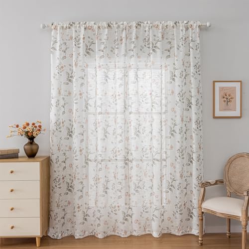 SUOUO Floral Semi Sheer Curtains Linen Textured 96 inches 2 Panels - color: Coffee-l, size: 52"W x 96"L (Pack of 2)
