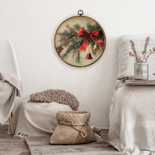 XPH Rustic Christmas Round Wall Art Framed, Winter Coquette Red Bow Bell Botanical Circle Wall Decor, Farmhouse Christmas Hanging Canvas Prints for Home Bedroom Living Room Decoration, 10x10 Inch - color: Christmas 14