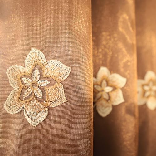 Amidoudou 1 Pair European Double Layer Curtains for Living Room Bedroom Luxury Flower Embroidered Curtains with Valance (Brown,52x84 Inch) - color: Brown, size: 52"W x 84"L (Pack of 2)