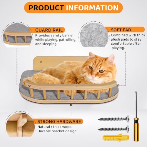 Cat Wall Shelves, Modern Cat Wall Furniture for Indoor Cats - color: Natural Wood, 3 Steps + Perch