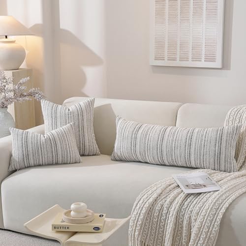 Chenille Throw Decorative Pillow Covers, Textured Striped Boho Couch pillow covers, Cozy Neutral Farmhouse Cushion Cover for Couch Sofa Bedroom Living Room, (Colorful Coffee, 36" x 14" (Pack of 1)) - color: Coffee Stripe, size: 36" x 14" (Pack of 1)