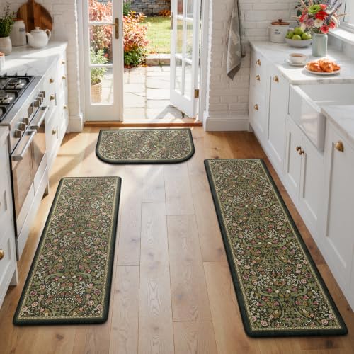 Collive Kitchen Rugs Sets of 3 Half Roung Sink Rug Cushioned Anti Fatigue - color: Olive Green, size: 17.3"x29.5"+17.3"x47"+17.3"x59"(Half-Moon)