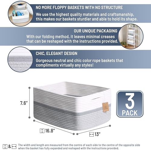 NaturalCozy Storage Baskets 16.8”x13”x7.6” Cotton Rope Woven Baskets for Organizing 3-Pack | Toy Storage Bins | Basket for Shelves, Laundry, Blanket, Clothes, Closet, Kitchen, Bathroom, Gifts - color: Off White & Gray & Mixed Gray