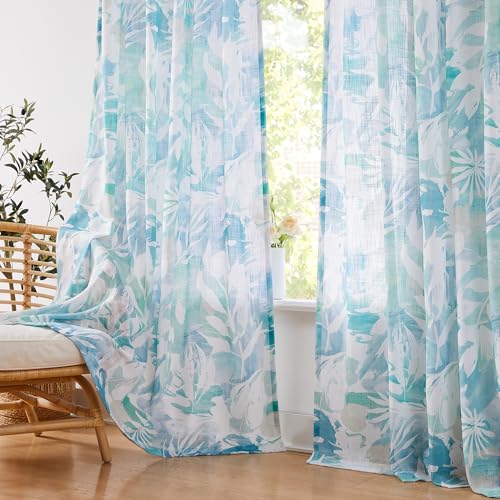 Aqua Floral Print Coastal Linen Sheer Curtains 55x90 Living Room Blue White - color: Back Tab- Semi Sheer- Aqua Blue, size: 55"W x 90"L (Pack of 2)