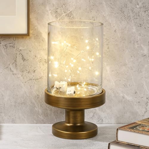Glass Hurricane Candle Holders and Glass Vase with Minimalism Metal Base in Antique Brass, Handmade and Sturdy Glass, Pillars, Flower Arrangement, Centerpiece, Dining Table (Antique Brass, 6"x11") - color: Antique Brass, size: 6"x11"