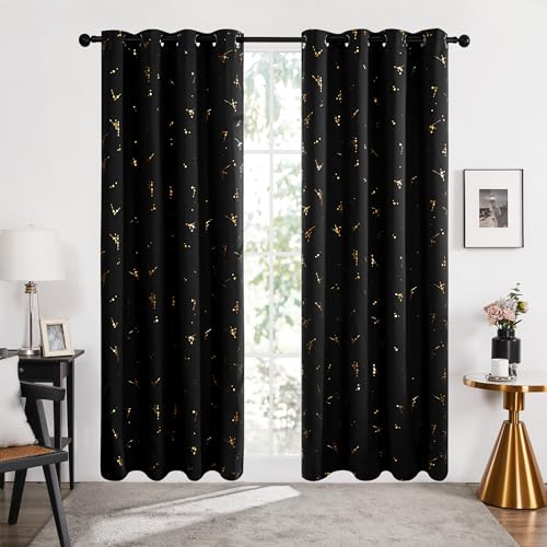 Deconovo Black Out Curtains 72 Inch Long, Curtains for Living Room Bedroom - color: Black/Floral Branch and Dots, size: 52"W x 72"L (Pack of 2)