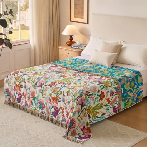 Boho Throw Blanket, 100% Soft Cotton Floral Quilt, Queen 80"x 90" - color: Lavender Purple Flowers, size: Queen 80"x90"