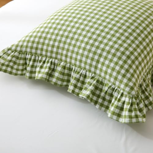 Silnuo Olive Green/White Gingham Plaid Ruffle Throw Pillow Covers 18"x18" - color: Green/White, size: 18" x 18" (Pack of 2)
