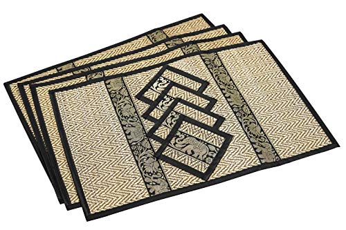 Hand-Woven Wicker Reed Placemats Coaster Set Eco-Friendly Alternative to Plastic Heat Resistant Thai Style Durable Easy to Clean for Dining Table Set of 4 (Large, Black) - color: Black, size: Large