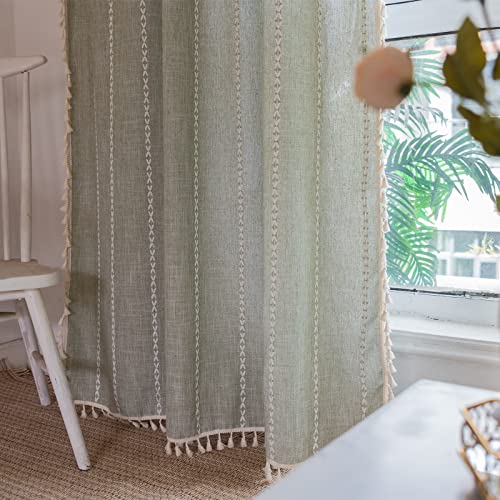RoomTalks Sage Green Boho Farmhouse Curtains for Bedroom Living Room 84 Inch Length French Country Spring Cute Textured Window Curtain Panels Striped Bohemian Chic Tassel Draperies, 84’’L x 52’’W - color: Sage Green, size: 52"W x 84"L (Pack of 2)