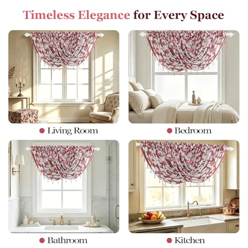 NAPEARL Burgundy Red Valance Curtain Christmas Decorative Window Sheer for Festival, Elegant Beaded Tassel Trim Rod Pocket Floral Scroll Sheer Window Treatment for Bathroom, Kitchen, Living Room - color: Burgundy, size: 40"W x 17"L (Pack of 1)
