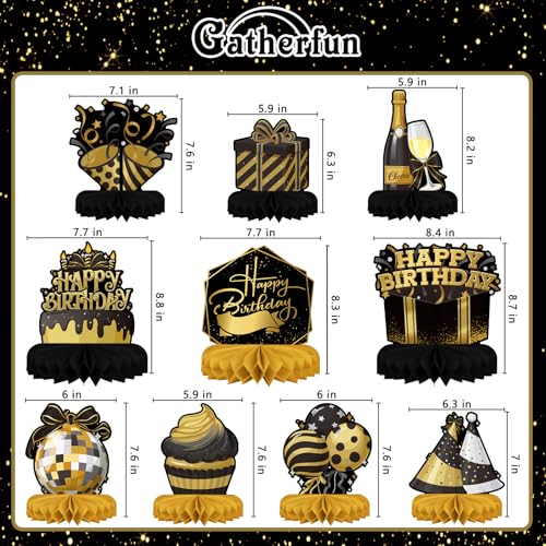 Happy Birthday Decorations Set - Black and Gold Birthday Themed Honeycomb Centerpiece, Table Decoration for Women Men Black and Gold Party Decorations - style: Black Birthday