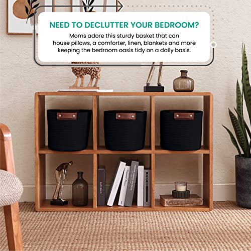 3 Pack Woven Cotton Rope Storage Basket, 15x10x9, Black - color: Black