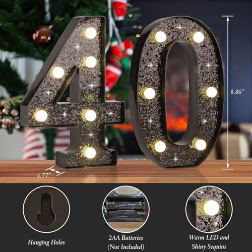 Black Glitter LED Marquee Number 40, Warm White Light Decor Sign - size: Number-40