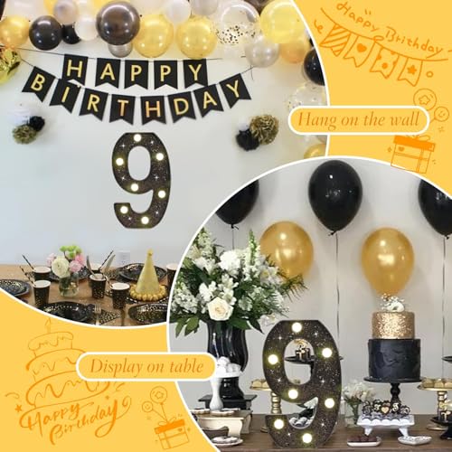 Black Glitter LED Marquee Number 9, Warm White Light Decor Sign - size: Number-9