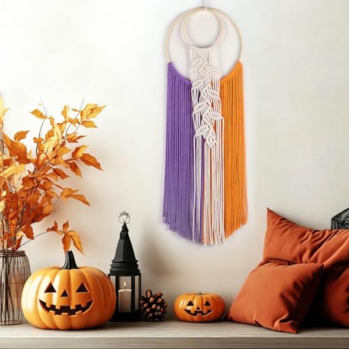 MEUNEAR Halloween Macrame Wall Hanging Orange Purple Dream Catchers Halloween Wall Art Decoration Boho Woven Tapestry for Bedroom Living Room Office Home Decor, 30L X 10W inches - color: Orange Purple