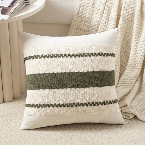 Fancy Homi Set of 2 Boho Olive Green Decorative Throw Pillow Cover 14x14 Inch for Couch Bed Sofa, Aesthetic Modern Organic Farmhouse Home Decor, Soft Cotton Cute Macrame Woven Cushion Case Gift - color: Olive Green, size: 14" x 14" (Pack of 2)