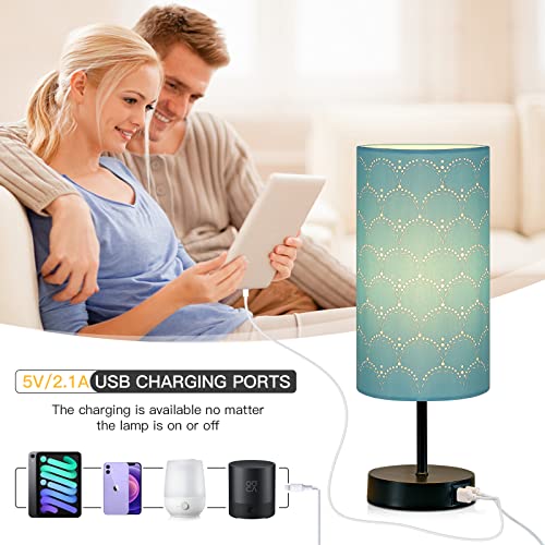 CINSARY Touch Control Bedside Lamp with 2 USB Ports, 3-Way Dimmable Table lamp for Bedroom, Nightstand Lamp with Round Blue Fabric Shade for Living Room Home Office (E26 LED Bulb Included) - color: Blue-15" H