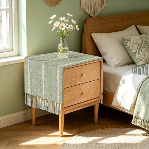 Boho Table Runner Short 15.7 x 36 inch, Spring Sage Green Coffee Table Cover, Green Linen Small Table Cloth, Dresser Runner Scarf for Nightstand, Bedside End Table, Rustic Farmhouse Summer Home Decor - color: Sage Green, size: 36 inch