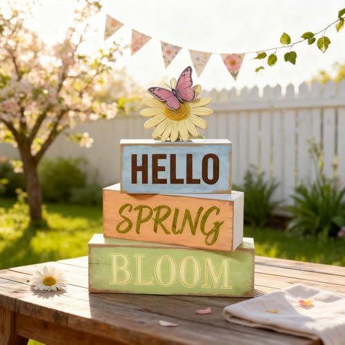 Spring Decoration Wooden Tiered Tray Decor – Rustic Hello Spring Bloom Stacked Block Sign with Butterfly Daisy Topper – Farmhouse Tabletop Spring Decor for Living Room Shelf Kitchen Coffee Bar Seasonal Home Display - style: Butterfly