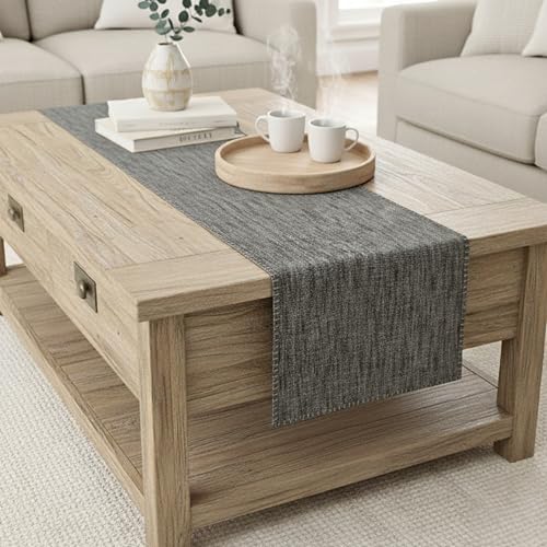 Dining Table Runner with Decorative Stitch at Edge Short Dresser Scarf Dining Table Washable Cloth Small Buffet Cotton Table Runner Furniture Top Cover 14"x48" Grey - color: Grey, size: 14"x 48"