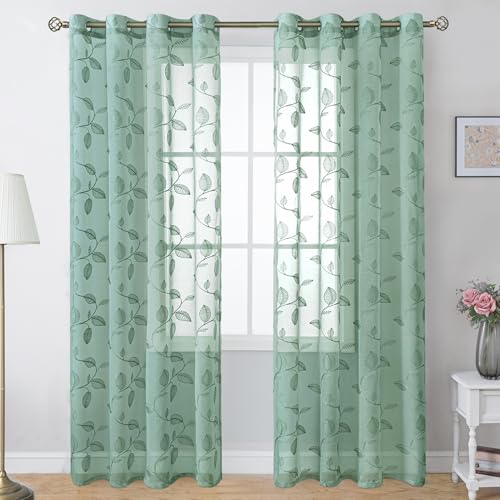 BGment Dark Green Leaf Sheer Curtains 84 Inches Long Living Room 2 Panels - color: Dark Green-leaf, size: 52"W x 84"L (Pack of 2)