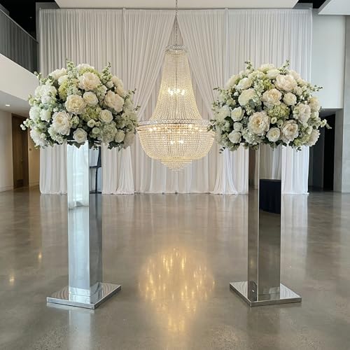 2PCS Tall Silver Vases for Centerpieces,31.5inch Stainless Steel Column Geometric Centerpieces Wedding Flower Stand Flower Floor Vase for Tables Wedding Anniversary - color: Silver