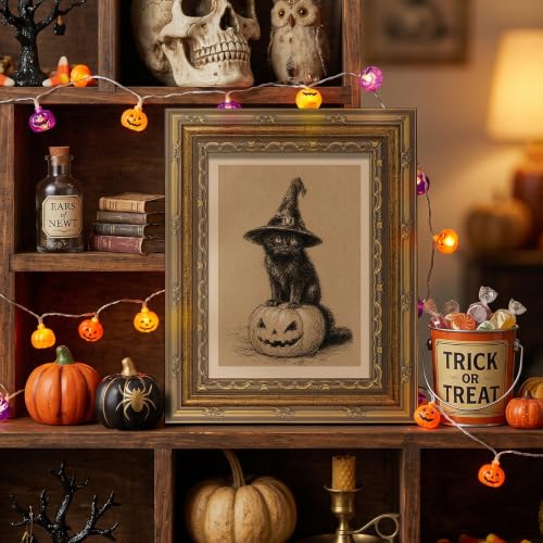 HUARCEY Vintage Gold Framed Halloween Cat Wall Art 8"x10",Halloween Decor - color: Cat, size: 10"L x 8"W
