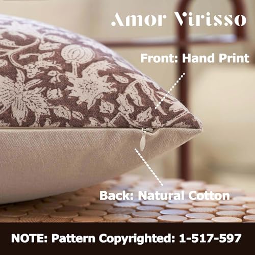 Amor Virisso Throw Pillow Covers 20x20 Floral Pillow Covers Block Print Farmhouse Neutral Pillow Covers Decorative Accent Throw Pillows for Couch Bed Living Room Sofa Pillows 1PC, Brown - color: Brown, size: 20" x 20" (Pack of 1)