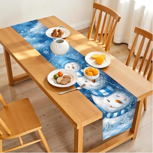Christmas Snowman Table Runner for Dining Table, Winter Holiday Party Decor, Blue Snowflake Printed Long Tablecloth Runner for Kitchen, Christmas Dinner, Home Decoration, Holiday Table Setting - color: 106