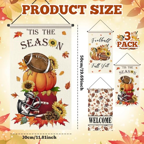 Tegeme 3 Pcs Fall Football Door Sign Flag Decoration Autumn Hanging Banner - style: Football